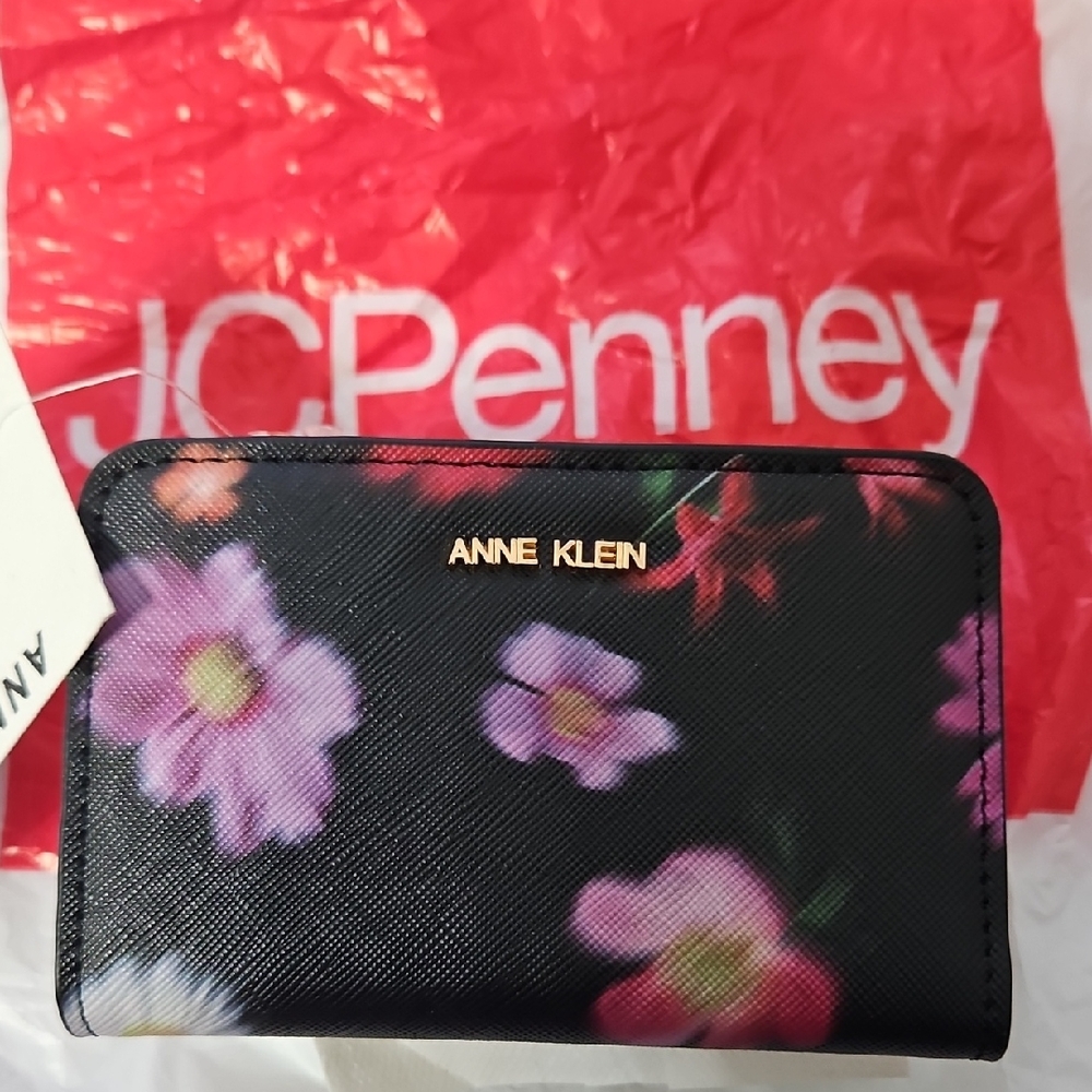 Anne Klein Black Card case with Pink and Purple Floral Design